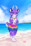  anthro antlers beach capreoline cervid chibi cleovelot clothing clouded_leopard cute_expression cute_fangs felid fur hi_res horn hoshino hybrid island lgbt_pride male mammal pansexual_pride_colors pantherine pride_colors purple_body purple_eyes purple_fur sand scut_tail sea seaside shell size_difference smaller_male solo spots spotted_body spotted_fur swimming_trunks swimwear water white-tailed_deer white_body white_fur 
