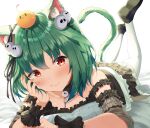  1girl :t absurdres animal_ears bangs bed_sheet bird blush breasts cat_ears cat_tail chick collarbone commentary_request dress eyebrows_visible_through_hair fang frilled_dress frills green_hair hair_ornament hair_ribbon highres hololive kimae legs_up loafers looking_at_viewer lying medium_hair on_stomach red_eyes ribbon shoes sidelocks simple_background skull_collar skull_hair_ornament small_breasts smile solo tail the_pose thighhighs uruha_rushia virtual_youtuber white_background white_legwear 
