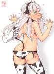  1girl against_wall anal_tail animal_ears animal_print ass bangs bikini blunt_bangs blush butt_crack butt_plug commentary_request cow_ears cow_horns cow_print cow_tail cowboy_shot disembodied_limb fake_tail from_behind green_eyes highres horns kanon_(kurogane_knights) kantai_collection long_hair looking_at_viewer maestrale_(kancolle) nose_blush one-hour_drawing_challenge one_side_up open_clothes sex_toy side-tie_bikini silver_hair simple_background solo swimsuit tail thighhighs tongue tongue_out white_background white_bikini white_legwear 