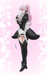  1girl adjusting_clothes alternate_costume apron black_dress black_gloves black_legwear blush bow braid breasts bridal_gauntlets collar commentary_request cosplay covered_mouth dress embarrassed eyebrows_visible_through_hair feather_trim felicia_(fire_emblem) felicia_(fire_emblem)_(cosplay) fire_emblem fire_emblem_awakening fire_emblem_fates frilled_collar frills gloves heart high_heels high_ponytail holding holding_plate juliet_sleeves long_hair long_sleeves maid maid_headdress nail olivia_(fire_emblem) pink_eyes pink_hair plate ponytail puffy_long_sleeves puffy_sleeves sinccubi solo thighhighs thighs twin_braids waist_apron white_apron white_bow white_headwear zettai_ryouiki 
