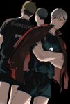  3boys absurdres back-to-back bangs black_background crossed_arms from_behind grey_hair haikyuu!! hieroglyphics highres jacket_over_shoulder kita_shinsuke looking_away lovemaronmeru0827 male_focus miya_atsumu miya_osamu multicolored_hair multiple_boys short_hair simple_background sportswear standing twitter_username two-tone_hair volleyball_uniform yellow_eyes 