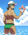  1boy artist_name baseball_cap closed_mouth cloud commentary dark_skin dark_skinned_male day facial_hair gen_4_pokemon green-framed_eyewear hair_bun hand_up hat highres index_finger_raised jewelry kukui_(pokemon) kyonart looking_at_viewer looking_back male_focus male_swimwear outdoors pokemon pokemon_(game) pokemon_sm ring rotom rotom_dex shirtless sky smile swim_briefs swimwear wading water watermark white_headwear 