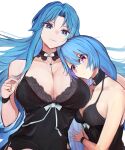  2girls azur_lane bangs bare_shoulders black_babydoll black_nightgown blue_eyes blue_hair blue_nails breasts cleavage closed_mouth hair_between_eyes helena_(azur_lane) highres large_breasts long_hair marshall_k multiple_girls nail_polish official_alternate_costume purple_eyes sleepwear smile sovetskaya_belorussiya_(relaxation_stratagem)_(azur_lane) very_long_hair wrist_cuffs 