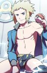  1boy absurdres blonde_hair blue_eyes blue_jacket briefs bulge closed_mouth clothes_pull collarbone commentary electricity english_commentary gym_leader highres holding holding_poke_ball jacket kyonart long_sleeves looking_at_viewer male_focus male_underwear navel off_shoulder open_clothes open_jacket pants pants_around_one_leg pants_pull poke_ball poke_ball_(basic) pokemon pokemon_(game) pokemon_dppt short_hair sitting smile solo spiked_hair spread_legs underwear volkner_(pokemon) 
