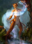  andromorph anthro athletic athletic_andromorph athletic_anthro athletic_intersex cougar dimonis felid feline fur genitals hi_res intersex magic mammal nature nude orange_body plant pussy signature smile solo water waterfall watermark white_body 