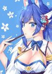  1girl absurdres animal_ears azur_lane bangs blue_eyes blue_hair bow bowtie breasts cleavage commentary_request detached_collar detached_sleeves eyebrows_visible_through_hair eyes_visible_through_hair fan floral_print folding_fan fox_ears fur_scarf fur_trim hair_ornament highres holding holding_fan japanese_clothes jintsuu_(azur_lane) large_breasts long_hair looking_at_viewer looking_to_the_side natie parted_lips sidelocks simple_background solo wide_sleeves 
