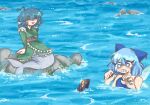  3girls absurdres asphyxiation bittersweetwomb blue_eyes blue_hair bowl cirno crying dress drowning glint green_dress hair_ribbon happy highres japanese_clothes kimono mermaid monster_girl multiple_girls needle ocean partially_submerged ribbon rock seaweed short_hair smile sukuna_shinmyoumaru swimsuit touhou wakasagihime water waves worried 