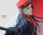  1boy black_gloves facial_hair gloves goatee long_hair looking_at_viewer male_focus mustache pointing pointing_at_viewer red_headwear sanada_masayuki sengoku_musou silver_eyes silver_hair solo tassel two-tone_background upper_body yoshicha 