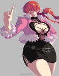  1girl artist_name bangs black_dress breasts cleavage covered_eyes dress floating_hair fur_trim grey_background hair_over_eyes highres jacket large_breasts long_hair no_lineart pink_jacket pointing pointing_up red_hair shermie_(kof) smile solo split_ponytail the_king_of_fighters werfmight wide_hips 