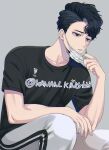  1boy bangs black_eyes black_hair commentary_request grey_background haikyuu!! kakan_king korean_commentary looking_away male_focus mask mask_pull mouth_mask parted_lips sakusa_kiyoomi shirt short_hair simple_background sitting solo t-shirt twitter_username 