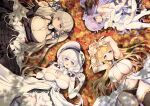  4girls absurdres autumn_leaves azur_lane between_breasts black_dress black_legwear black_panties black_ribbon blonde_hair blue_eyes blue_flower blue_rose breasts center_opening chain cleavage detached_collar dress elbow_gloves eyebrows_visible_through_hair flower flower_ornament formidable_(azur_lane) frilled_dress frills from_above garter_straps gloves gold_chain gold_trim gothic_lolita hair_ribbon hand_on_own_chest hat highres huge_filesize illustrious_(azur_lane) lace-trimmed_headwear lace_trim large_breasts laurel_crown lolita_fashion long_hair looking_at_viewer lying multiple_girls navel neckwear_between_breasts object_hug on_back open_clothes open_dress open_mouth panties platinum_blonde_hair purple_eyes purple_hair raranokusu red_eyes ribbon rose sleeveless sleeveless_dress smile strapless strapless_dress stuffed_animal stuffed_toy stuffed_unicorn sun_hat thighhighs tress_ribbon tri_tails twintails two-tone_dress two-tone_ribbon underwear unicorn_(azur_lane) very_long_hair victorious_(azur_lane) white_dress white_gloves white_hair white_headwear white_legwear wrist_ribbon 