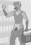  anthro athletic athletic_male beverage_can clothed clothing erection ez fur genitals greyscale hair hyaenid male mammal monochrome pants_down partially_clothed penis public shirt shopping solo spots spotted_body spotted_fur spotted_hyena store tank_top topwear wardrobe_malfunction 