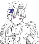  1girl animal_ears bangs bow closed_mouth commentary_request ear_covers eyebrows_visible_through_hair gold_ship_(umamusume) hair_bow hat horse_ears long_hair looking_at_viewer midorikawa_you mini_hat monochrome puffy_short_sleeves puffy_sleeves purple_bow purple_eyes school_uniform shirt short_sleeves simple_background smile solo spot_color tracen_school_uniform umamusume upper_body white_background 