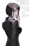  1girl bangs black_hair black_jacket black_nails breasts cigarette eyelashes from_behind highres holding holding_cigarette ieiri_shoko jacket jujutsu_kaisen lips looking_at_viewer looking_back medium_breasts mole mole_under_eye nail_polish parted_bangs short_hair simple_background smile smoking solo ulov390 upper_body white_background younger 