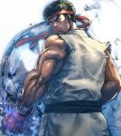  1boy aura black_hair boyaking clenched_hand closed_mouth commentary_request constricted_pupils dougi from_behind gloves green_eyes headband looking_back male_focus muscular muscular_male red_gloves ryu_(street_fighter) sash short_hair sleeveless solo street_fighter torn_clothes torn_sleeves upper_body veins 