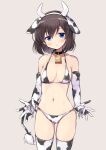  1girl adjusting_clothes adjusting_swimsuit alternate_costume animal_collar animal_ears animal_print bangs bell bikini black_collar blue_eyes blush bob_cut brown_hair collar commentary cow_ears cow_horns cow_print cow_tail cowbell elbow_gloves fake_animal_ears fake_horns fake_tail gloves grey_background horns light_smile looking_at_viewer medium_hair navel odawara_hakone onjouji_toki parted_lips print_bikini print_gloves print_legwear saki saki_achiga-hen short_hair side-tie_bikini simple_background solo standing string_bikini swimsuit tail thighhighs white_bikini white_gloves white_legwear 