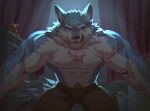  2020 abs anthro biceps bottomwear canid canine canis clothing fdj fur hi_res male mammal muscular muscular_anthro muscular_male pecs scar solo wolf 