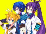  3boys :p arm_warmers armor bass_clef black_collar black_sleeves blue_eyes blue_hair blue_scarf coat collar collared_shirt commentary cup grin hair_ornament hair_stick hand_in_hair hand_up headphones headset holding holding_cup holding_spoon ice_cream_cup japanese_clothes kagamine_len kaho_0102 kaito kaito_(vocaloid3) kamui_gakupo long_hair looking_at_viewer male_focus multiple_boys ponytail purple_hair sailor_collar scarf school_uniform shirt short_ponytail short_sleeves shoulder_armor sideways_glance smile spiked_hair spoon tongue tongue_out v-shaped_eyebrows very_long_hair vocaloid w white_coat white_robe white_shirt yellow_background 