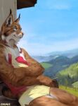  anthro bottomwear brown_body brown_fur chunie clothed clothing detailed_background digital_media_(artwork) felid feline fur hi_res holding_object looking_aside lynx male mammal mountain outside shirt shorts sitting sky smile solo topwear white_body white_fur 