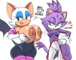  2021 anthro areola big_breasts blaze_the_cat breasts chiropteran clothing domestic_cat duo english_text felid feline felis female fur gloves hand_on_breast handwear mammal nipples purple_body purple_fur rouge_the_bat simple_background sonic_the_hedgehog_(series) squidapple text white_background yellow_eyes 