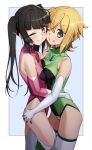  2girls akatsuki_kirika ass_grab bangs black_hair blonde_hair blunt_bangs blush breasts elbow_gloves face-to-face gloves green_eyes green_leotard hair_ornament hug leotard long_hair looking_at_viewer medium_breasts multiple_girls one_eye_closed pink_eyes pink_leotard senki_zesshou_symphogear shiny shiny_hair short_hair small_breasts smile standing striped striped_legwear tsukamoto_kensuke tsukuyomi_shirabe twintails x_hair_ornament yuri 