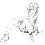  1girl :o ball bangs basketball black_shorts breasts brown_eyes brown_hair eyebrows_visible_through_hair full_body gym_shirt hair_between_eyes high_ponytail holding holding_ball holding_towel kantai_collection knees_up long_hair looking_at_viewer panties parted_lips ponytail shirt shoes short_shorts short_sleeves shorts sitting small_breasts solo sweat towel underwear upshorts white_background white_footwear white_panties white_shirt zarashi zuihou_(kancolle) 