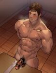  1boy abs arms_behind_back bar_censor bara blush brown_eyes brown_hair censored closed_mouth erection foreskin from_above gachimuchi large_penis male_focus muscular muscular_male navel nude pectorals penis ruler short_hair sideburns spiked_hair sweatdrop table tile_floor tiles toirotto 