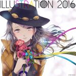  1girl 2016 aqua_ribbon black_headwear blush brown_hair flower grey_eyes holding holding_flower illustration.media jacket long_hair long_sleeves looking_at_viewer original purple_ribbon red_flower ribbon shadow smile solo upper_body watermark web_address yellow_jacket yellow_ribbon yuu_(arcadia) 