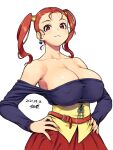  1girl armpits bare_shoulders belt breasts cleavage collarbone dated dragon_quest dragon_quest_viii earrings hands_on_hips huge_breasts jessica_albert jewelry large_breasts red_hair short_hair simple_background solo tsukudani_(coke-buta) twintails white_background 