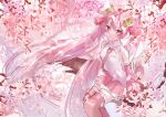  1girl absurdly_long_hair bare_shoulders branch cherry_blossoms cherry_hair_ornament commentary cowboy_shot detached_sleeves flower food_themed_hair_ornament hair_ornament hatsune_miku highres in_tree long_hair looking_at_viewer miniskirt necktie noneon319 pink_eyes pink_flower pink_hair pink_legwear pink_neckwear pink_skirt pink_sleeves pink_theme pleated_skirt sakura_miku shirt sideways_glance sitting sitting_in_tree sketch skirt sleeveless sleeveless_shirt smile solo thighhighs tree twintails very_long_hair vocaloid white_shirt zettai_ryouiki 
