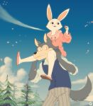  2021 absurd_res anthro beastars bottomwear canid canine canis carrying clothed clothing cloud day detailed_background duo female flower footwear fox-pop haru_(beastars) hi_res hoodie lagomorph legoshi_(beastars) leporid male mammal on_shoulders outside pants petals plant rabbit shirt shoes sitting standing topwear tree vest wolf 