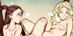  2girls bed blonde_hair blue_eyes blush breasts brown_hair collarbone couple diana_cavendish eye_contact kagari_atsuko little_witch_academia looking_at_another multicolored_hair multiple_girls nipples nude red_eyes roropull soles tribadism two-tone_hair wall wavy_hair yuri 