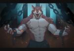  abs anthro biceps bottomwear canid canine canis clothing fdj fur glowing glowing_eyes hi_res male mammal muscular muscular_anthro muscular_male nipples pecs solo tattoo wolf 
