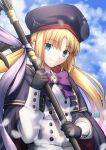  1girl artoria_pendragon_(all) artoria_pendragon_(caster)_(fate) blonde_hair blue_sky blurry bokeh buttons cape cloud cowboy_shot depth_of_field double-breasted eyebrows_visible_through_hair fate/grand_order fate_(series) green_eyes hat highres long_hair looking_at_viewer migiha neck_ribbon purple_ribbon ribbon sky smile solo staff twintails 