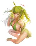  1girl ^^^ absurdres ahoge animal_hair_ornament bangs bare_shoulders between_legs bikini blush bra breasts cigarette cleavage collarbone dolphin_shorts eyebrows_visible_through_hair eyelashes fangs full_body green_bikini green_bra green_eyes green_hair green_nails hair_between_eyes hair_ornament hand_between_legs highres large_breasts leaf leaf_on_head lighter long_hair looking_at_viewer mouth_hold navel open_mouth original sandals short_shorts short_twintails shorts sitting skindentation smoke smoking solo sports_bra sportswear swimsuit toenail_polish tokkihouse twintails underwear white_background 