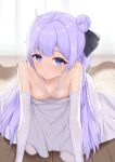  1girl ahoge areola_slip areolae azur_lane bangs bent_over blue_eyes breasts cleavage collarbone commentary_request curtains detached_sleeves dress eyebrows_visible_through_hair hair_bun hair_ribbon head_tilt highres long_hair looking_at_viewer medium_breasts one_side_up parted_lips purple_hair r-paka ribbon side_bun sidelocks sitting solo unicorn_(azur_lane) wariza white_dress white_legwear wooden_floor 