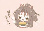  1girl bangs blush brown_hair chibi cropped_torso food hachimaki headband high_ponytail highres holding japanese_clothes kantai_collection long_hair muneate nada_namie omelet open_mouth pink_background ponytail signature simple_background solo tamagoyaki wide_sleeves zuihou_(kancolle) 