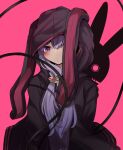  1girl animal_ears animal_hood black_jacket bunny bunny_ears bunny_hood commentary dress expressionless hair_tubes highres hood hood_up hooded_jacket jacket kannagoto logo one_eye_covered pink_background purple_dress purple_eyes purple_hair sidelocks solo upper_body vocaloid voiceroid yuzuki_yukari 