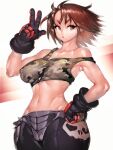  1girl bare_shoulders black_gloves breasts brown_eyes brown_hair covered_nipples fumio_(rsqkr) gloves hand_on_hip highres justice_gakuen kazama_akira looking_at_viewer medium_breasts midriff navel parted_lips short_hair solo v 
