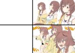  +_+ 1girl absurdres animal_ears blush bored breasts brown_eyes brown_hair clenched_hands daiishori dog_ears dog_girl dress excited fang gaijin_4koma highres hololive inugami_korone medium_breasts meme motion_blur multiple_views open_mouth sitting sweater template virtual_youtuber white_dress yellow_sweater 