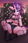  absurd_res anthro anthrofied bottomwear breasts cleavage clothed clothing equid equine female fishnet friendship_is_magic hi_res horn mammal my_little_pony pearlyiridescence shorts solo spread_legs spreading starlight_glimmer_(mlp) unicorn 