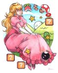  ?_block blonde_hair blue_eyes bob-omb bomb crown dress earrings fuse goomba highres jewelry koopa lipstick makeup mario_(series) pink_dress piranha_plant princess_peach puffy_short_sleeves puffy_sleeves sao_(saowee) short_sleeves traditional_media watercolor_(medium) 