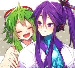  1boy 1girl blue_bodysuit bodysuit closed_eyes commentary glowing goggles goggles_on_head green_hair gumi hair_tubes headphones headset highres kaho_0102 kamui_gakupo long_hair looking_at_another looking_back medium_hair open_mouth orange_shirt ponytail purple_eyes purple_hair red_goggles shirt sidelocks sleeveless sleeveless_shirt smile upper_body vocaloid white_robe wrist_cuffs 