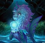  2_horns anthro aquatic_dragon asian_mythology barbel_(anatomy) blue_background blue_body blue_fur blue_gem blue_hair blue_light claws dragon east_asian_mythology eastern_dragon fangs female feral fin flesh_whiskers fur gem hair horn jodi_(artist) magic marine mythology plant purple_eyes purple_hair raya_and_the_last_dragon simple_background sisu_(ratld) solo stripes_(marking) teeth water 