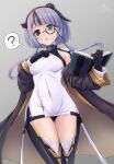 ? asymmetrical_hair azur_lane bearn_(azur_lane) black_hair book boots breasts coat covered_navel holding holding_book monocle multicolored_hair off_shoulder panties purple_eyes purple_hair skin_tight small_breasts thigh_boots thighhighs underwear waa!_okami 