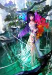  1girl bare_shoulders barefoot black_hair blue_flower bouquet closed_mouth commentary_request dress eyebrows_visible_through_hair fish flower fuzichoco highres holding holding_bouquet leaf looking_at_viewer mountain multicolored_hair no_shoes orange_flower original pool purple_eyes purple_flower purple_hair red_flower see-through_dress solo strapless strapless_dress tagme tree tree_branch two-tone_hair water white_dress 