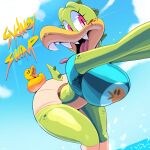  absurd_res anthro big_breasts boots bottomwear breasts clothing crocodilian female footwear hi_res lake looking_at_viewer reptile rubber_duck scalie shirt shorts solo sydney_swamp_(vimhomeless) teeth topwear vimhomeless 