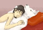  9x9 affectionate anthro bed canid canine canis duo facial_hair furniture hug human lying male male/male mammal nude piercing pillow sleeping stroking_head wolf yellow_eyes 