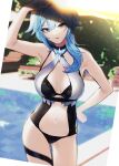  1girl absurdres aqua_hair arm_up asymmetrical_hair bangs blurry blurry_background breasts day eula_(genshin_impact) genshin_impact hair_between_eyes hand_on_hip highres huge_filesize kkopoli large_breasts one-piece_swimsuit outdoors parted_lips pool purple_eyes solo swimsuit twitter_username water 