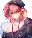  1girl :o beret black_headwear black_jacket collared_shirt girls_frontline hat headphones jacket long_sleeves looking_at_viewer moa_(21energy12) mp7_(girls_frontline) open_mouth red_hair shirt side_ponytail simple_background solo undone_necktie upper_body white_background white_shirt yellow_eyes 